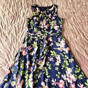 JH Jessica Howard Navy Floral Sleeveless Fit & Flare Pleated Neckline Fully Line